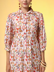 Rayon Slub Cotton Cream Color Red Flower Motif Dress - Sufiza Lifestyle