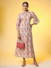 Rayon Slub Cotton Cream Color Red Flower Motif Dress - Sufiza Lifestyle