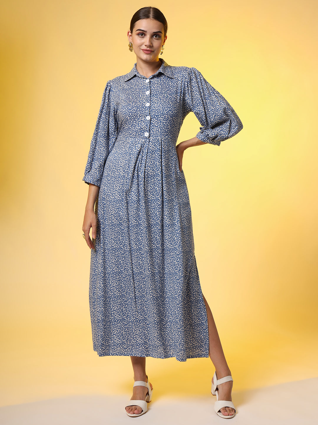 Blue with White Polka Dot long Dress - Sufiza Lifestyle