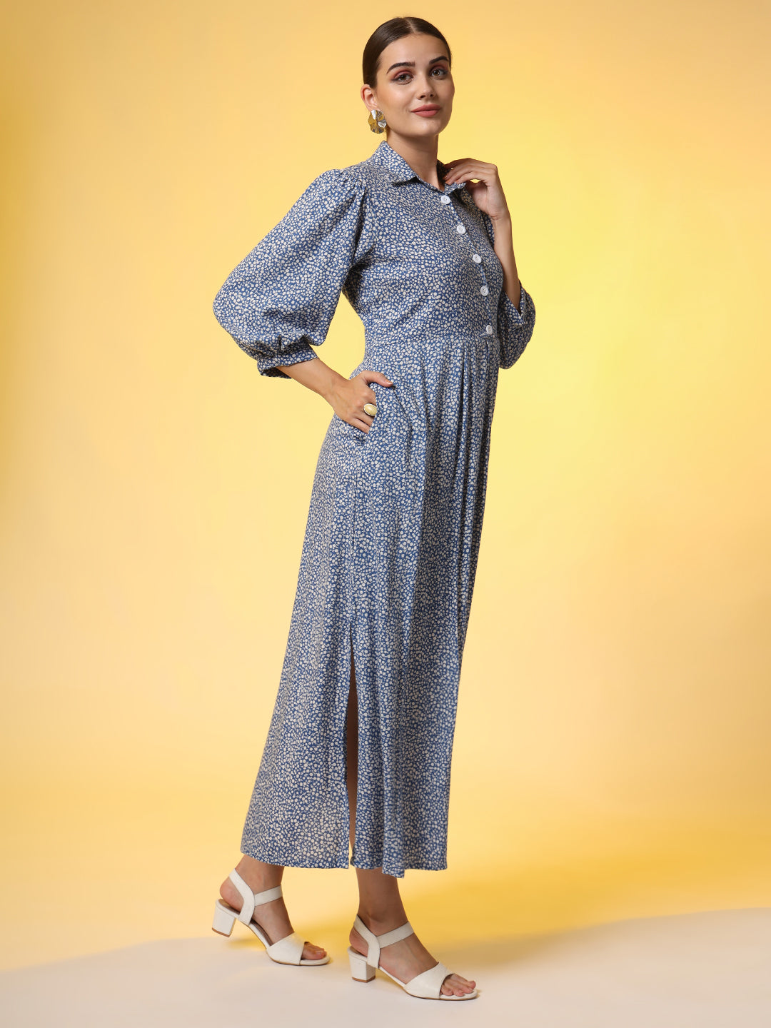 Blue with White Polka Dot long Dress - Sufiza Lifestyle