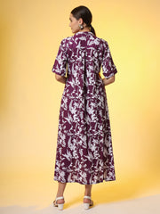 Dark Purple with White Leaf printed Dress - Sufiza Lifestyle