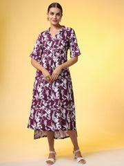 Dark Purple with White Leaf printed Dress - Sufiza Lifestyle