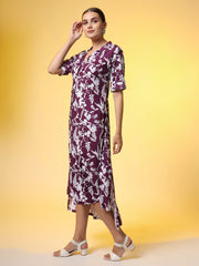 Dark Purple with White Leaf printed Dress - Sufiza Lifestyle