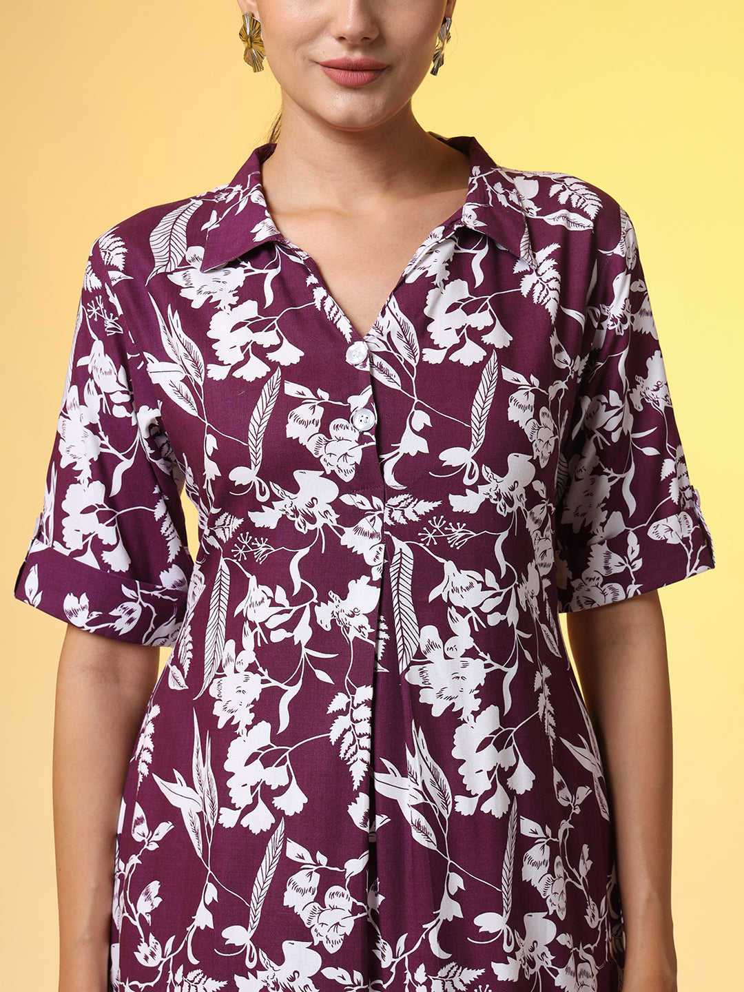 Dark Purple with White Leaf printed Dress - Sufiza Lifestyle