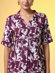 Dark Purple with White Leaf printed Dress - Sufiza Lifestyle