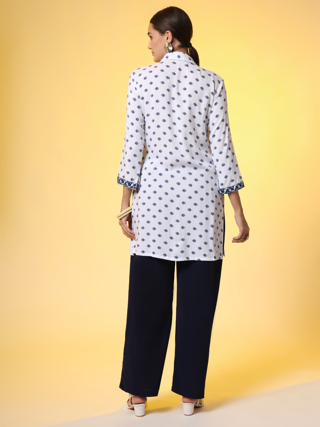 White Printed Shirt and Navy Blue Bottom Western Wear Co-Ord Set - Sufiza Lifestyle