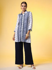 White Printed Shirt and Navy Blue Bottom Western Wear Co-Ord Set - Sufiza Lifestyle