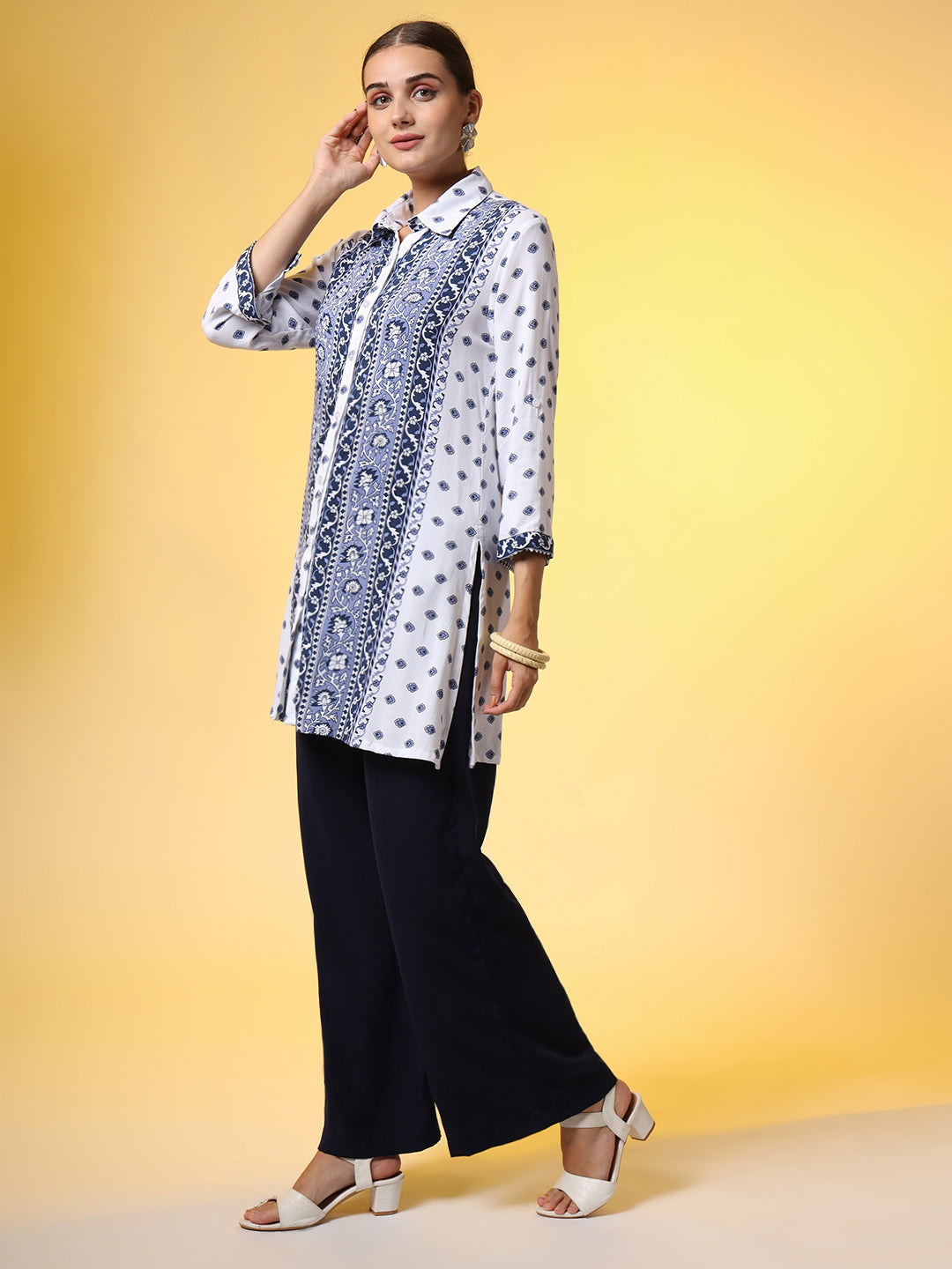 White Printed Shirt and Navy Blue Bottom Western Wear Co-Ord Set - Sufiza Lifestyle