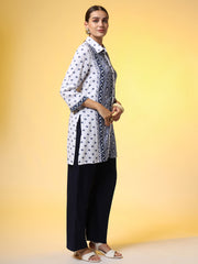 White Printed Shirt and Navy Blue Bottom Western Wear Co-Ord Set - Sufiza Lifestyle