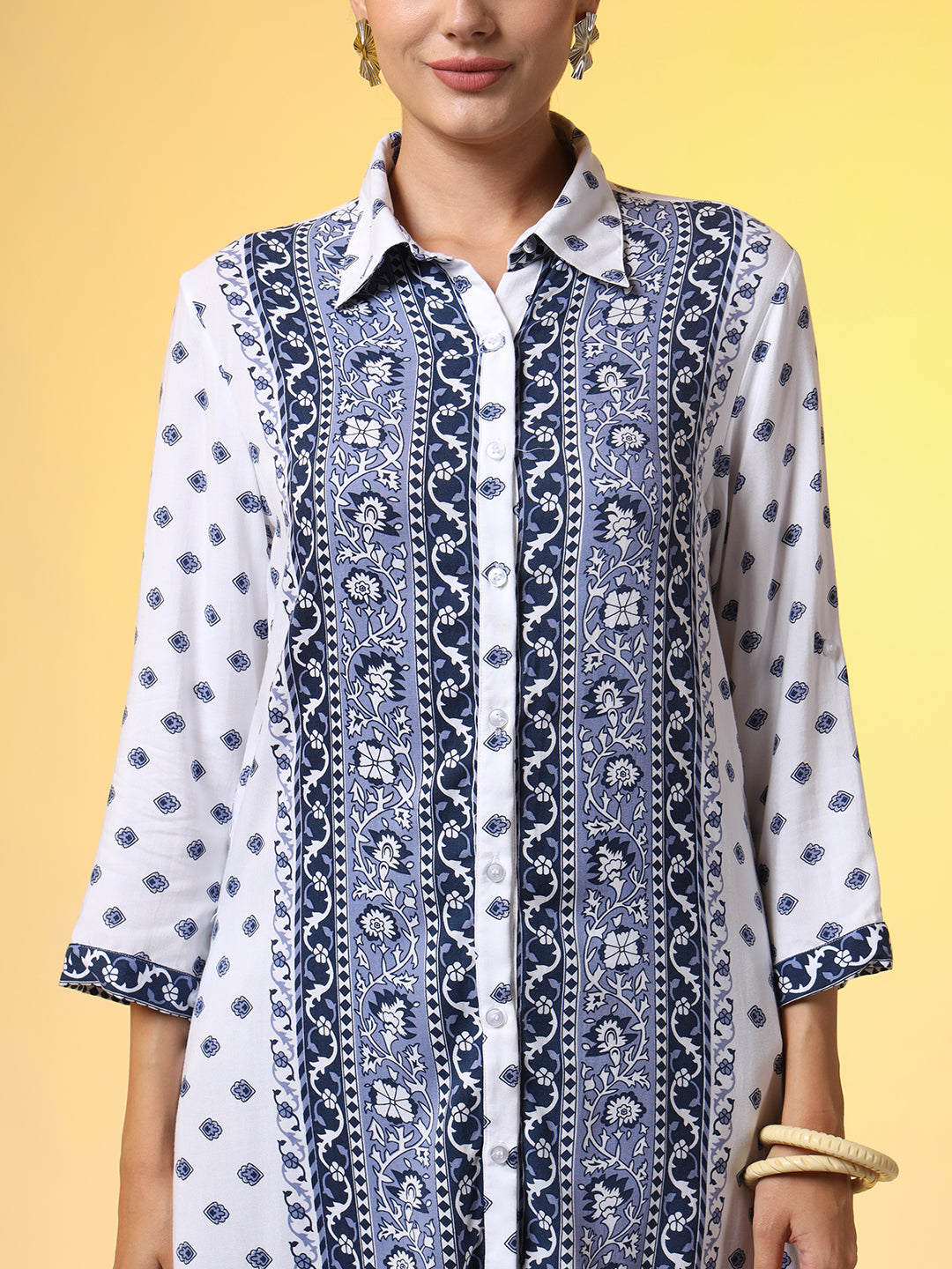 White Printed Shirt and Navy Blue Bottom Western Wear Co-Ord Set - Sufiza Lifestyle