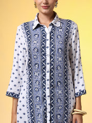 White Printed Shirt and Navy Blue Bottom Western Wear Co-Ord Set - Sufiza Lifestyle