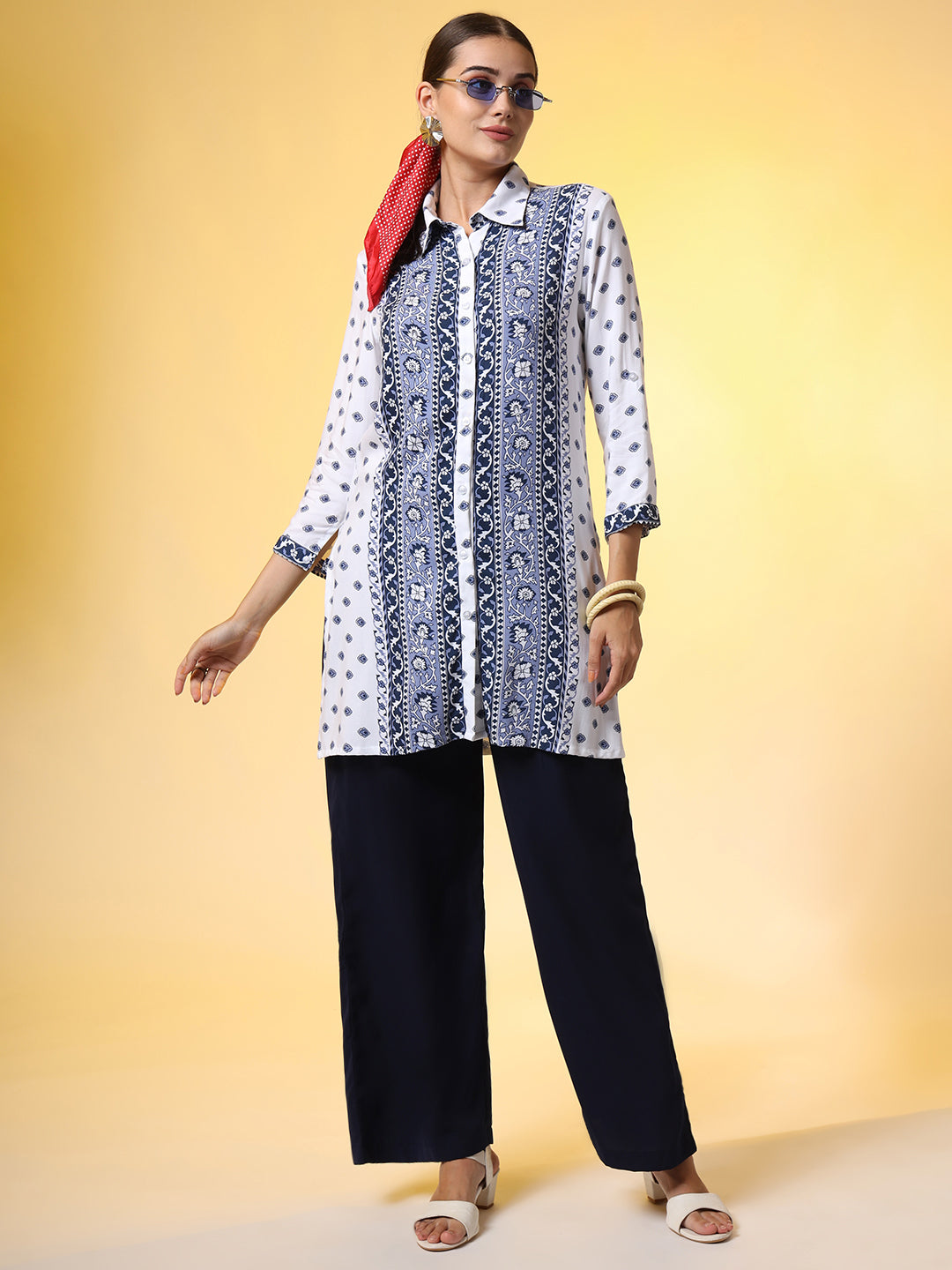 White Printed Shirt and Navy Blue Bottom Western Wear Co-Ord Set - Sufiza Lifestyle