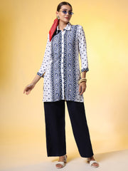 White Printed Shirt and Navy Blue Bottom Western Wear Co-Ord Set - Sufiza Lifestyle