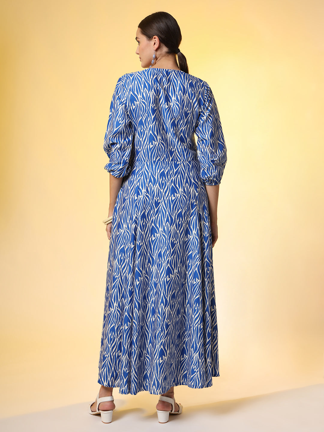 Blue Full Length White Motif Dress - Sufiza Lifestyle