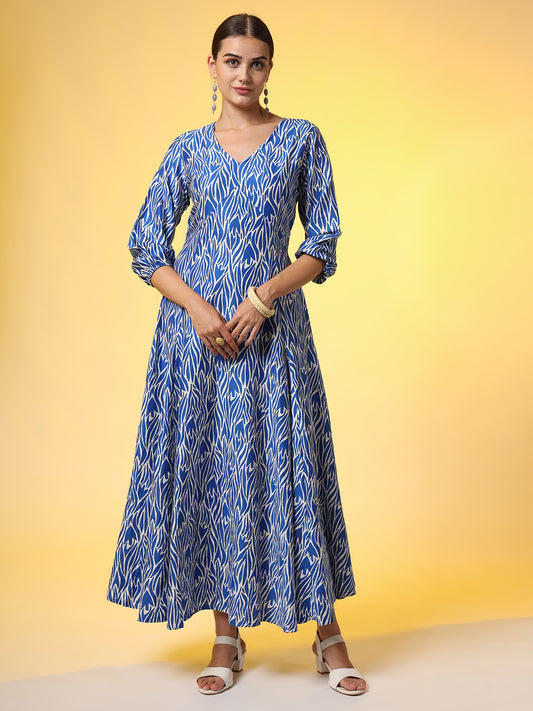 Blue Full Length White Motif Dress - Sufiza Lifestyle