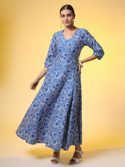 Blue Full Length White Motif Dress - Sufiza Lifestyle