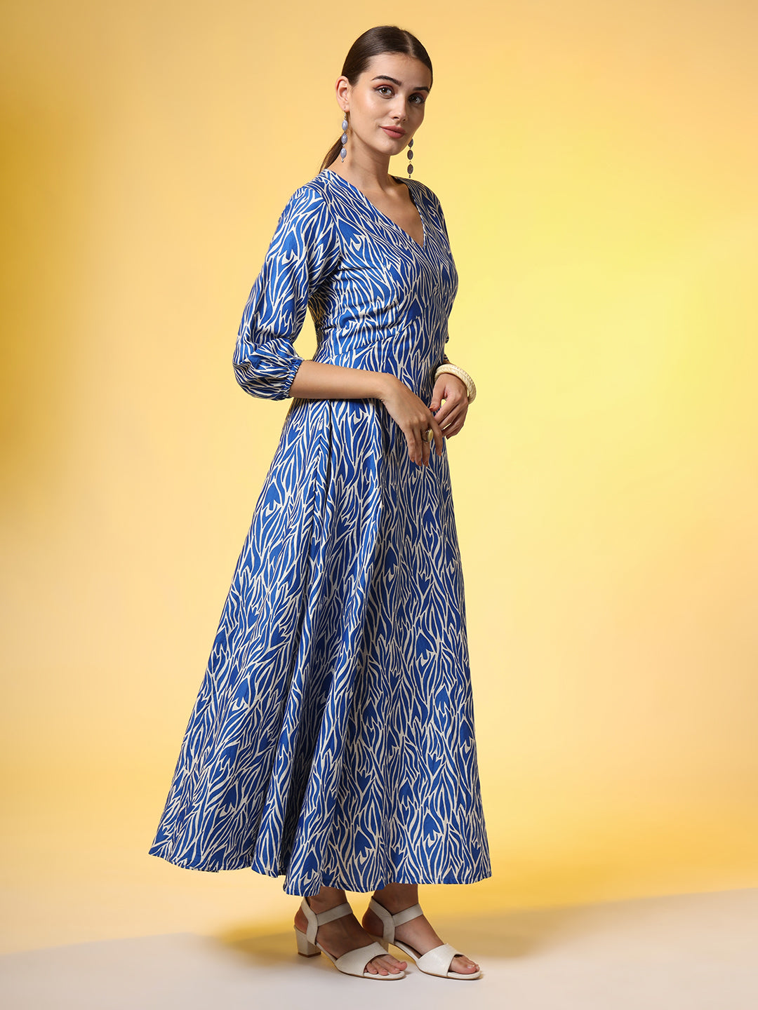 Blue Full Length White Motif Dress - Sufiza Lifestyle
