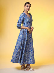 Blue Full Length White Motif Dress - Sufiza Lifestyle