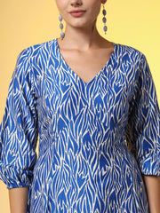 Blue Full Length White Motif Dress - Sufiza Lifestyle