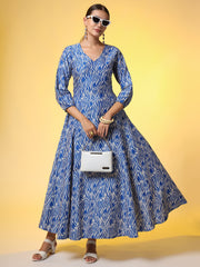 Blue Full Length White Motif Dress - Sufiza Lifestyle