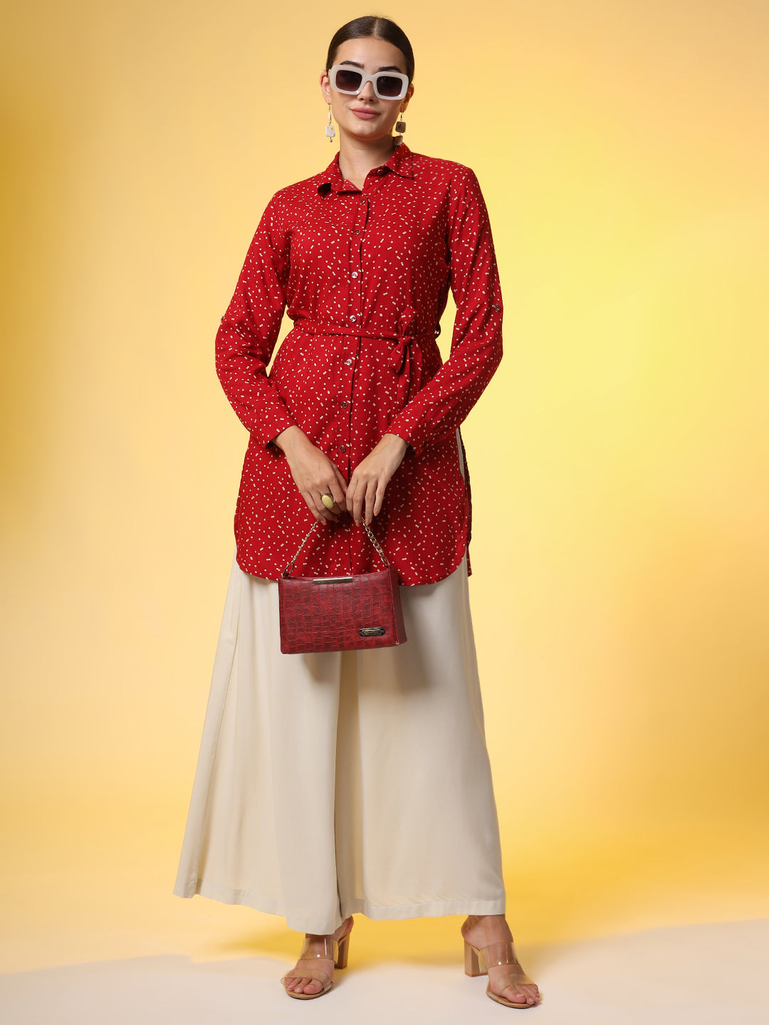 Red Shirt with Cream Bottom Western Wear Co-Ord Set - Sufiza Lifestyle