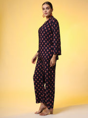 Navy Blue with Red Color Motif Western Wear Co-Ord Set - Sufiza Lifestyle