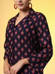 Navy Blue with Red Color Motif Western Wear Co-Ord Set - Sufiza Lifestyle