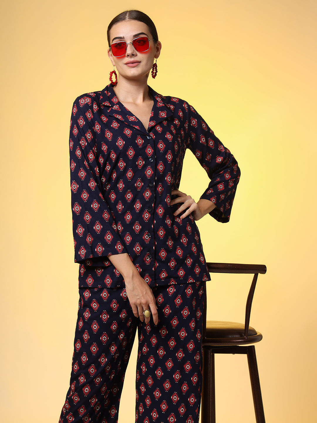 Navy Blue with Red Color Motif Western Wear Co-Ord Set - Sufiza Lifestyle