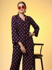 Navy Blue with Red Color Motif Western Wear Co-Ord Set - Sufiza Lifestyle