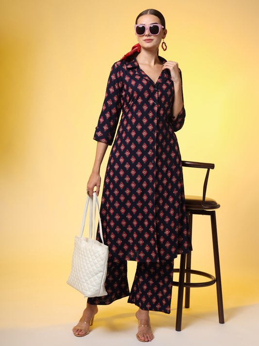 Navy Blue with Red Color Motif Western Wear Co-Ord Set