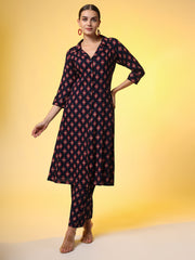 Navy Blue with Red Color Motif Western Wear Co-Ord Set