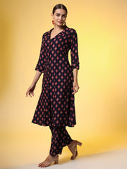 Navy Blue with Red Color Motif Western Wear Co-Ord Set