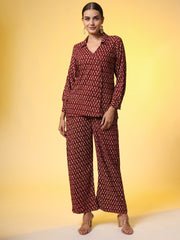 Mehroon with Red Color Motif Western Wear Co-Ord Set - Sufiza Lifestyle