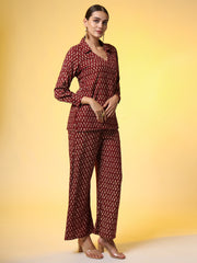 Mehroon with Red Color Motif Western Wear Co-Ord Set - Sufiza Lifestyle