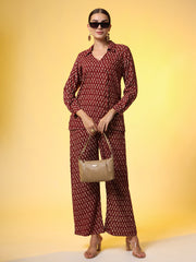 Mehroon with Red Color Motif Western Wear Co-Ord Set - Sufiza Lifestyle