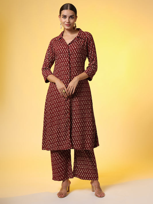 Mehroon with Red Color Motif Western Wear Co-Ord Set - Sufiza Lifestyle