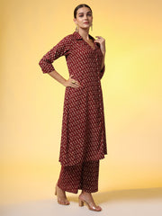 Mehroon with Red Color Motif Western Wear Co-Ord Set - Sufiza Lifestyle