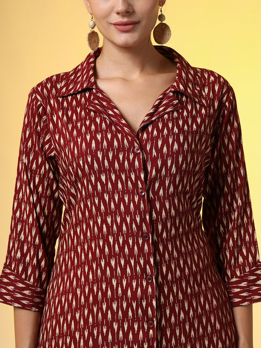 Mehroon with Red Color Motif Western Wear Co-Ord Set - Sufiza Lifestyle