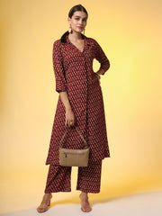 Mehroon with Red Color Motif Western Wear Co-Ord Set - Sufiza Lifestyle