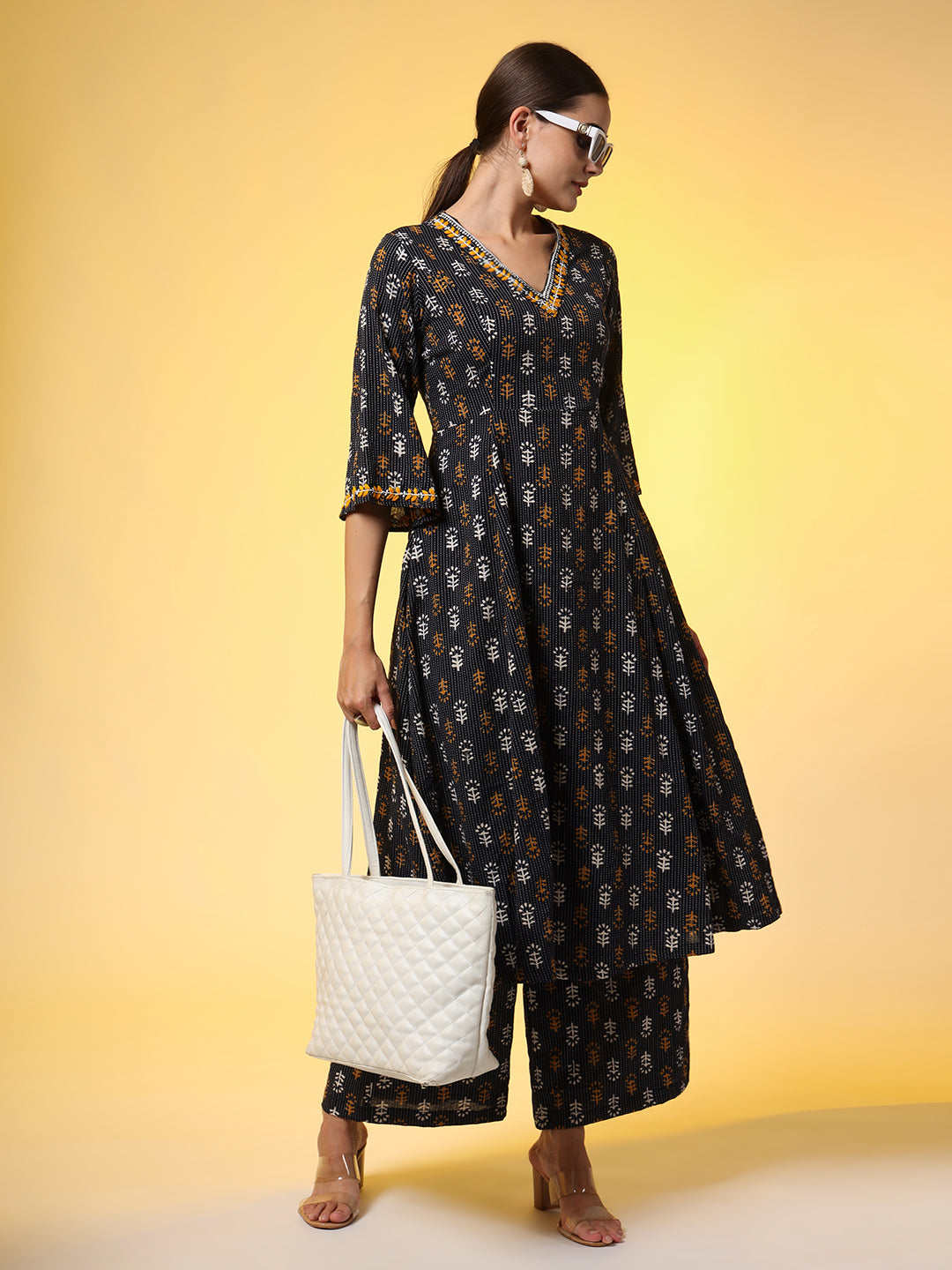 Chikankari Co-Ord Set with Katha and Block Print - Sufiza Lifestyle