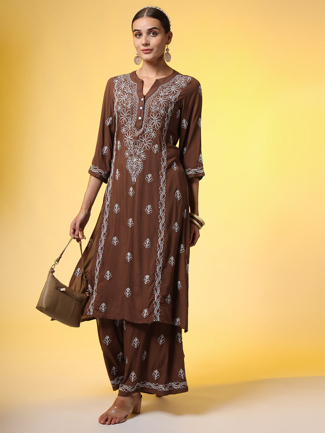 Brown Color Chikankari Co-Ord Set - Sufiza Lifestyle