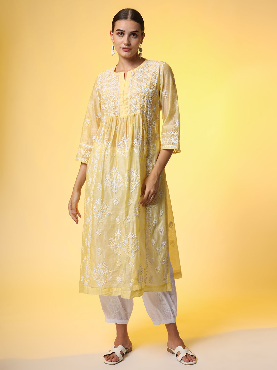 Chikankari Premium Dupatta Set Yellow Chanderi Kurta - Sufiza Lifestyle