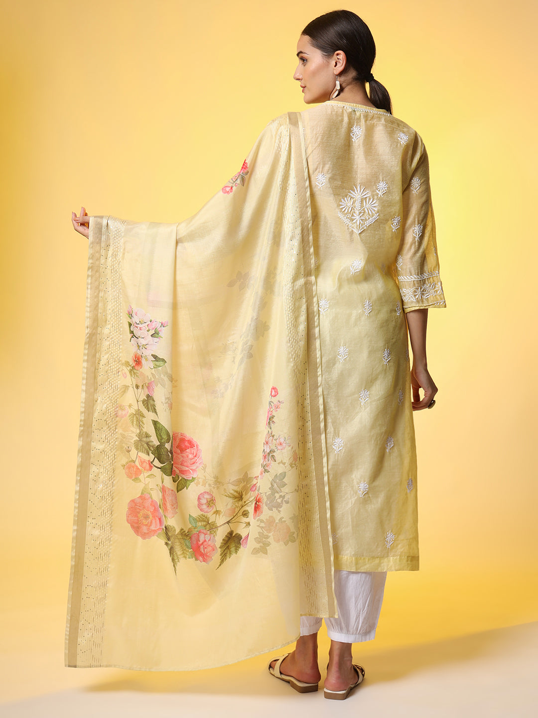 Chikankari Premium Dupatta Set Yellow Chanderi Kurta - Sufiza Lifestyle