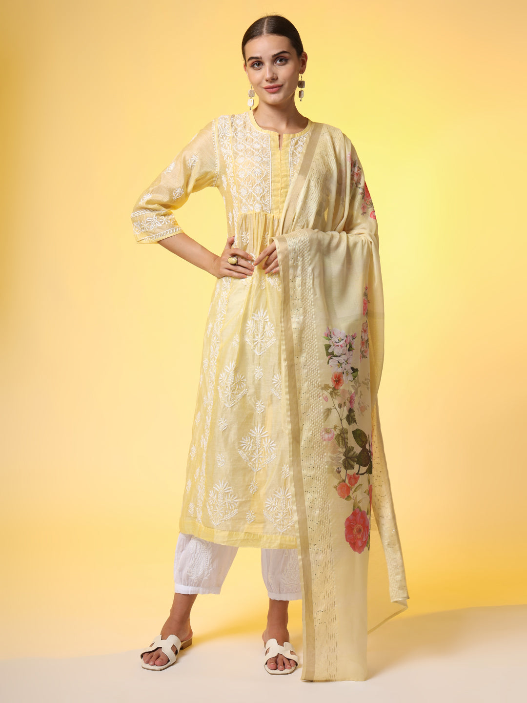 Chikankari Premium Dupatta Set Yellow Chanderi Kurta - Sufiza Lifestyle