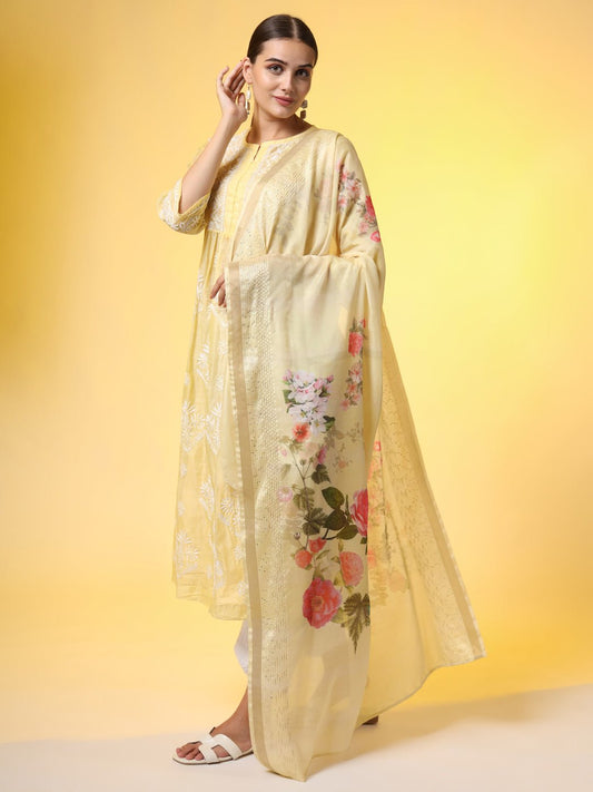 Chikankari Premium Dupatta Set Yellow Chanderi Kurta - Sufiza Lifestyle
