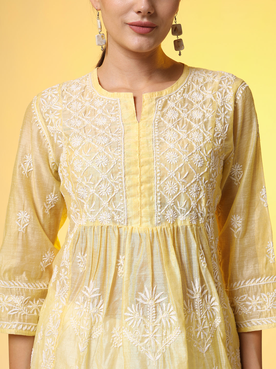 Chikankari Premium Dupatta Set Yellow Chanderi Kurta - Sufiza Lifestyle