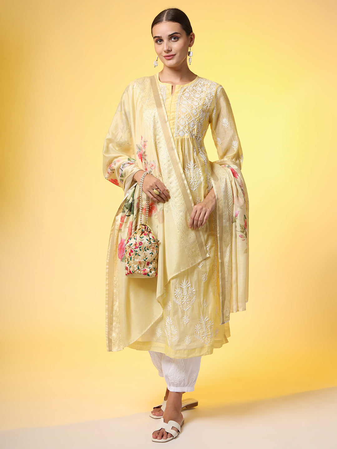 Chikankari Premium Dupatta Set Yellow Chanderi Kurta - Sufiza Lifestyle