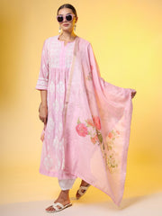 Chikankari Premium Dupatta Set Pink Chanderi Kurta