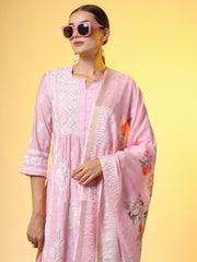 Chikankari Premium Dupatta Set Pink Chanderi Kurta
