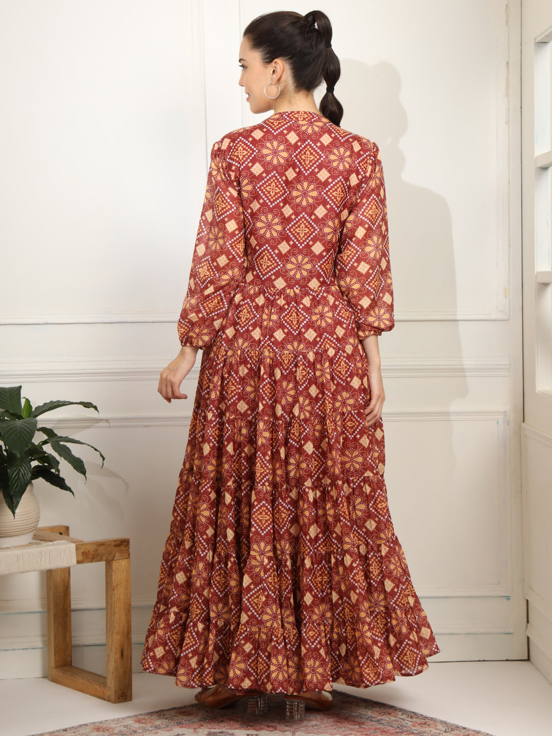 Block print Orange Color with Chikankari Embroidery full length Dress - Sufiza Lifestyle